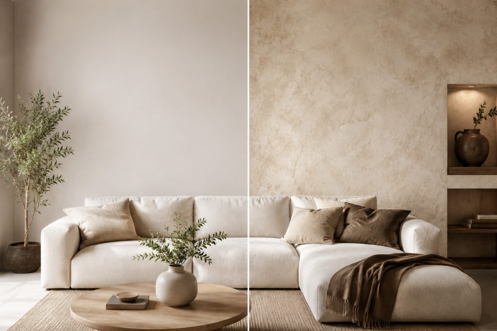 Salon moderne beige avec comparaison entre un mur lisse et un mur effet matière texturé dans une décoration intérieure chaleureuse.