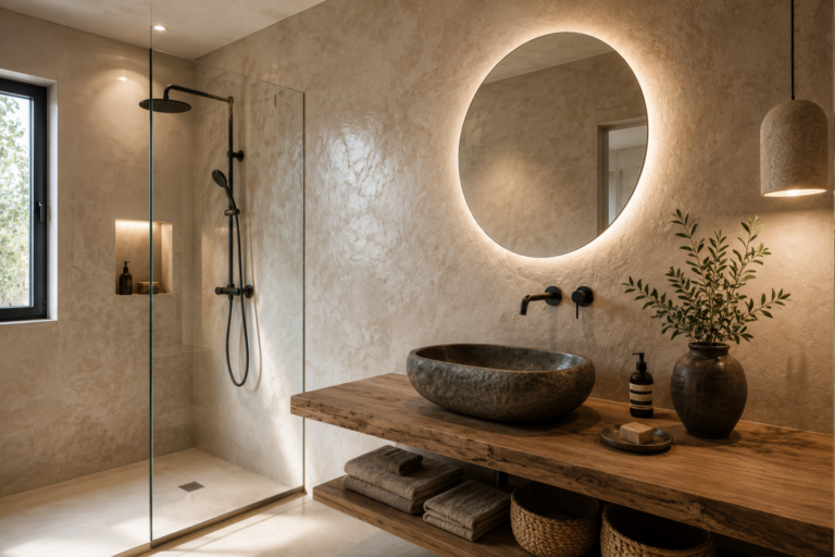 Salle d’eau moderne avec murs effet matière texturés beige, douche minimaliste et décoration naturelle haut de gamme.