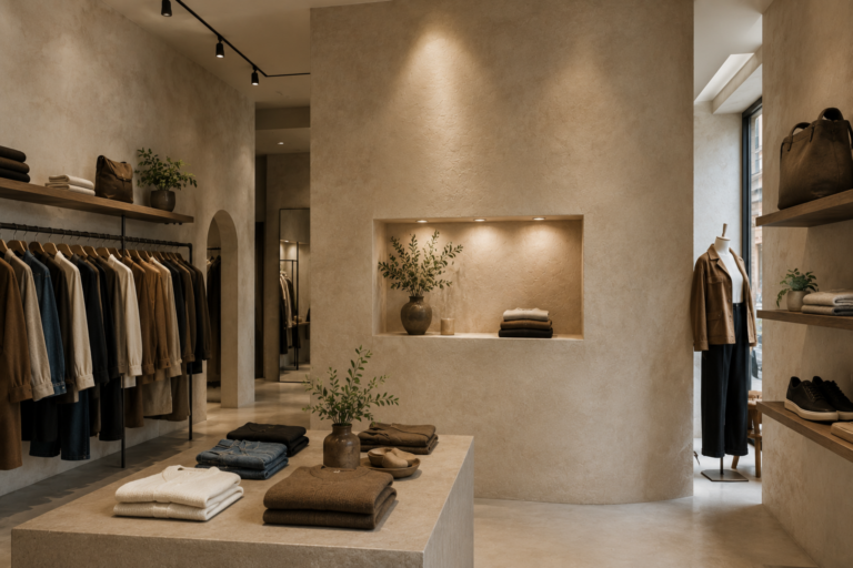 Boutique de vêtements moderne avec murs effet matière texturés beige, décoration minimaliste et ambiance haut de gamme.