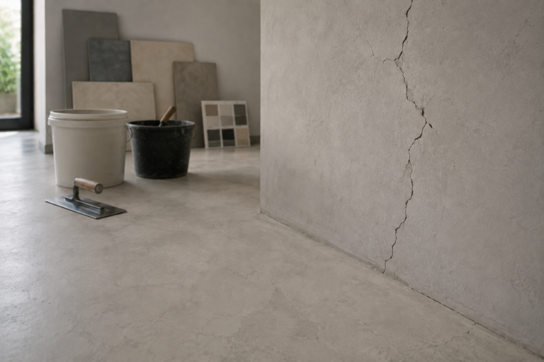 Mur et sol en béton ciré fissurés dans un intérieur moderne avec outils de chantier et ambiance minimaliste.
