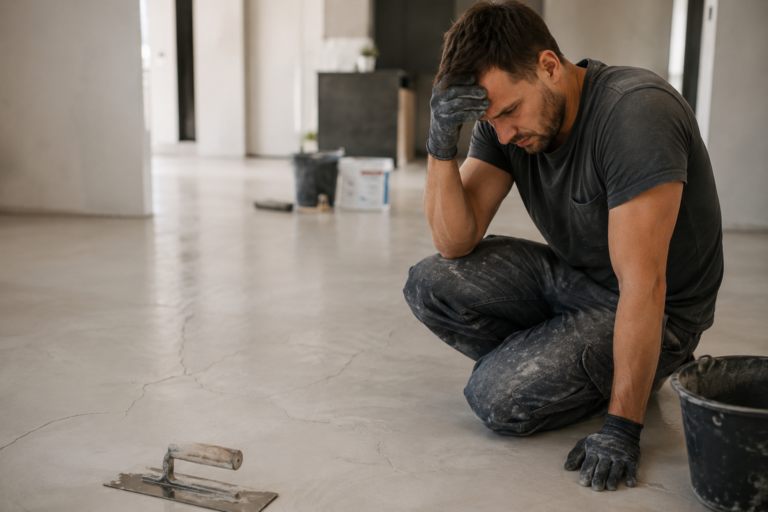 Fissures sur un mur et un sol en béton ciré dans une pièce moderne avec outils de chantier et échantillons décoratifs.