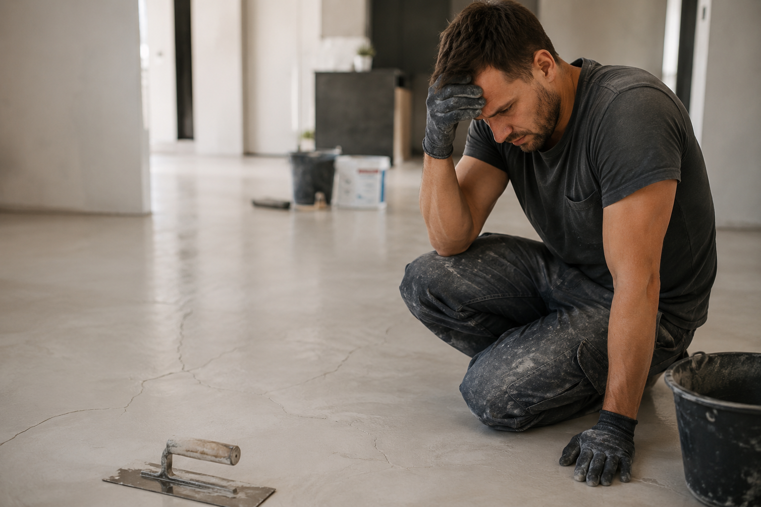 Fissures sur un mur et un sol en béton ciré dans une pièce moderne avec outils de chantier et échantillons décoratifs.