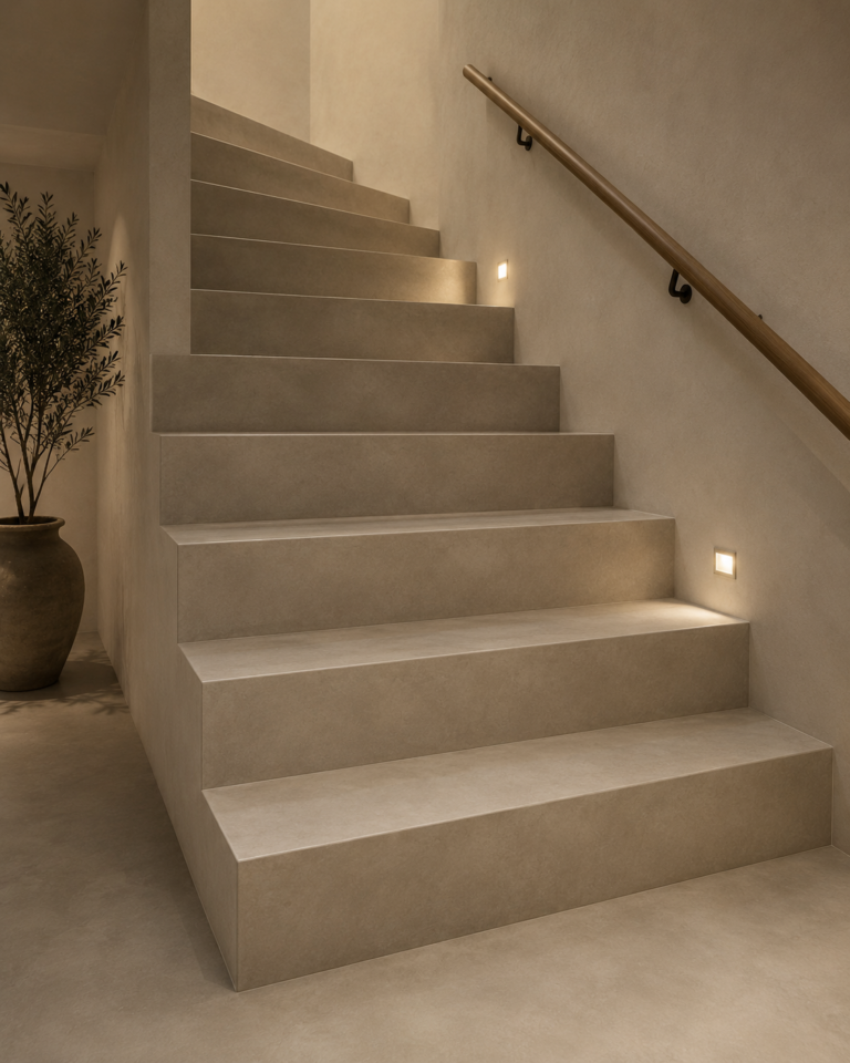 Escalier moderne en béton ciré beige avec texture minérale et éclairage architectural contemporain.