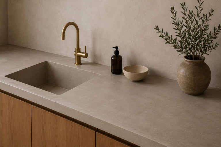 Plan de travail moderne en béton ciré beige avec finition effet matière et robinetterie dorée contemporaine.