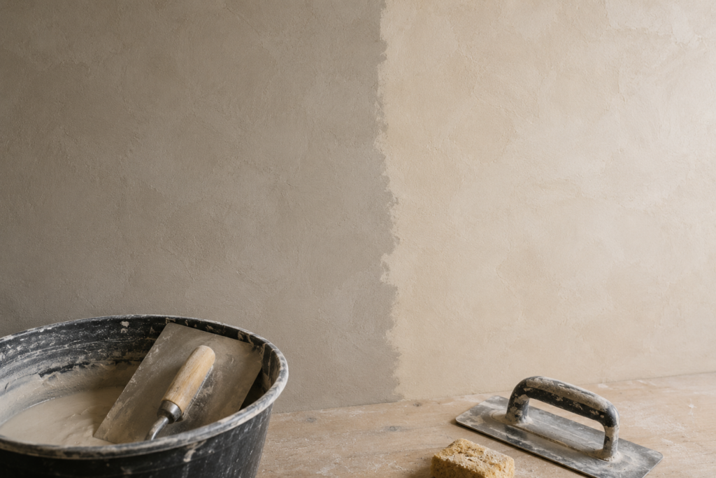 Mur en enduit décoratif présentant une démarcation visible entre deux nuances proches, avec outils de talochage et bac de préparation utilisés lors de l'application.