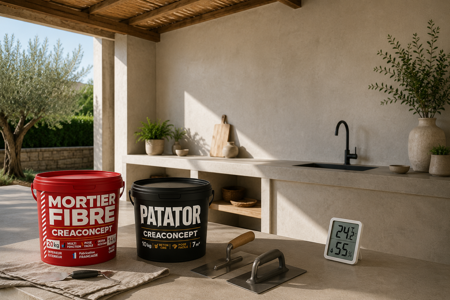 Cuisine d'été couverte en cours de rénovation avec de l'enduit, outils d'application et thermomètre illustrant les bonnes conditions de pose par forte chaleur.