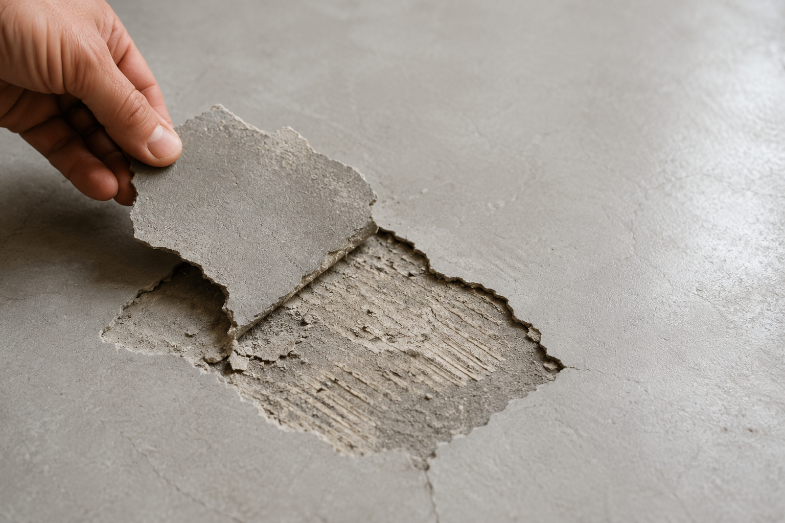 Décollement d’un béton ciré laissant apparaître le support sous le revêtement.
