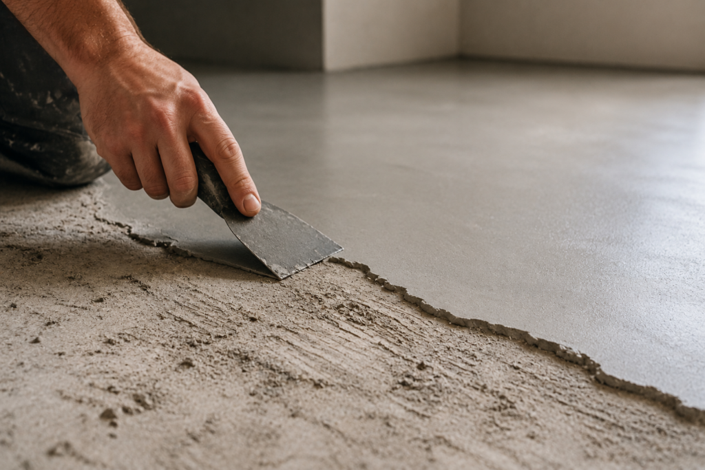 Artisan intervenant à la spatule sur une zone de béton ciré décollée du support.