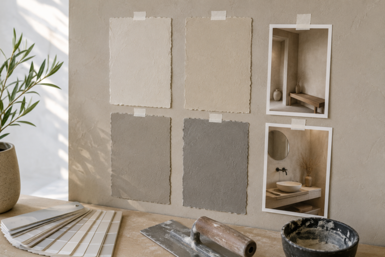 Échantillons d’enduits décoratifs beige et gris présentés avec un nuancier et des inspirations d’aménagement intérieur.