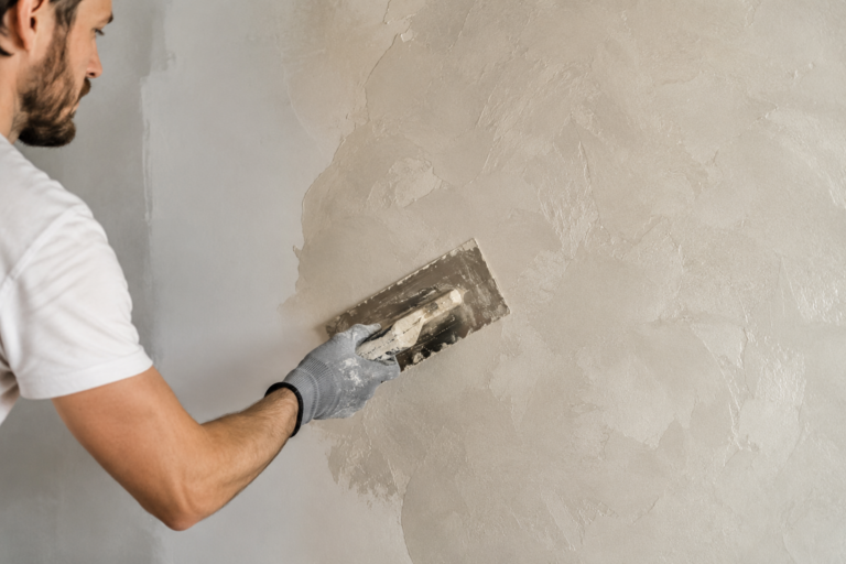 Artisan appliquant un enduit décoratif beige sur un mur à l’aide d’une lisseuse.