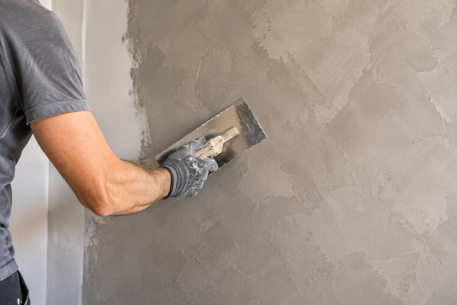 Applicateur travaillant un enduit décoratif gris à la lisseuse pour créer un effet de matière sur un mur.
