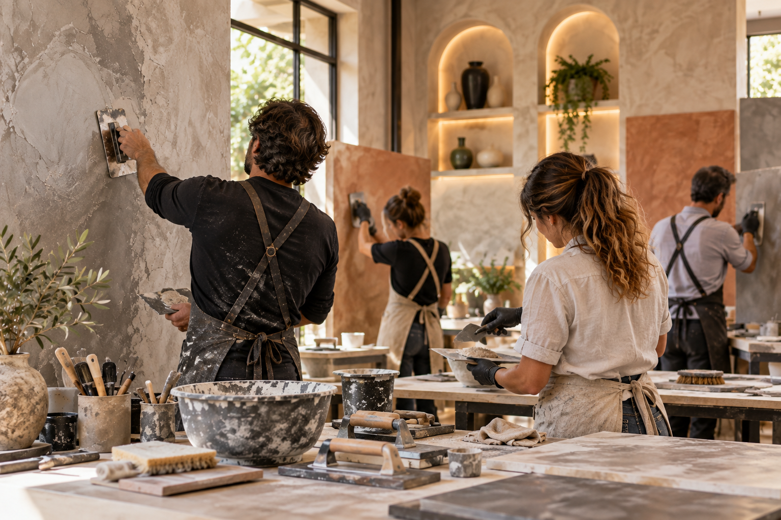 Formation pratique aux enduits décoratifs à Vallauris, avec plusieurs participants appliquant du béton ciré et des enduits décoratifs en atelier.
